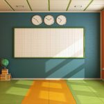 Colorful classroom without student with board,books and globe – rendering
